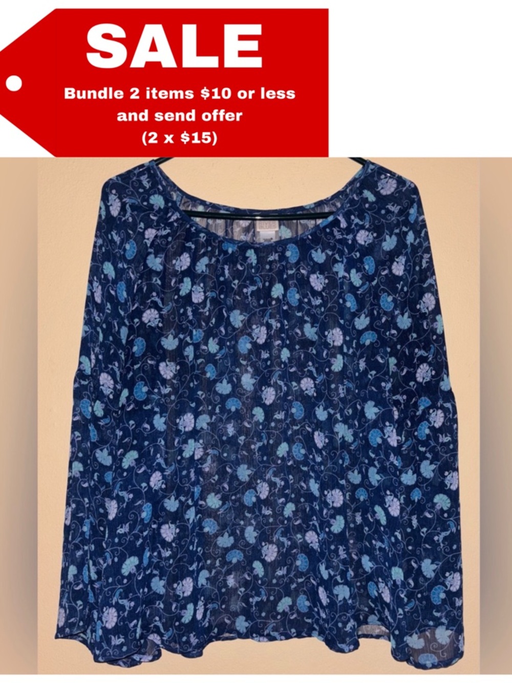 Canyon River Blues Navy Floral Long Sleeve Blouse Women’s Size L